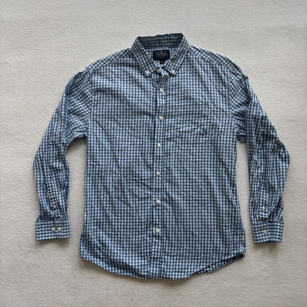 Nat Nast Men Large Shirt Long Sleeve‎ Blue Plaid Button Down 100% Cotton